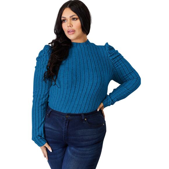 Basic Bae Tops - BASIC BAE Plus Blue Ribbed Mock Turtleneck Puff Sleeve Stretchy Top NEW 2X 3X
